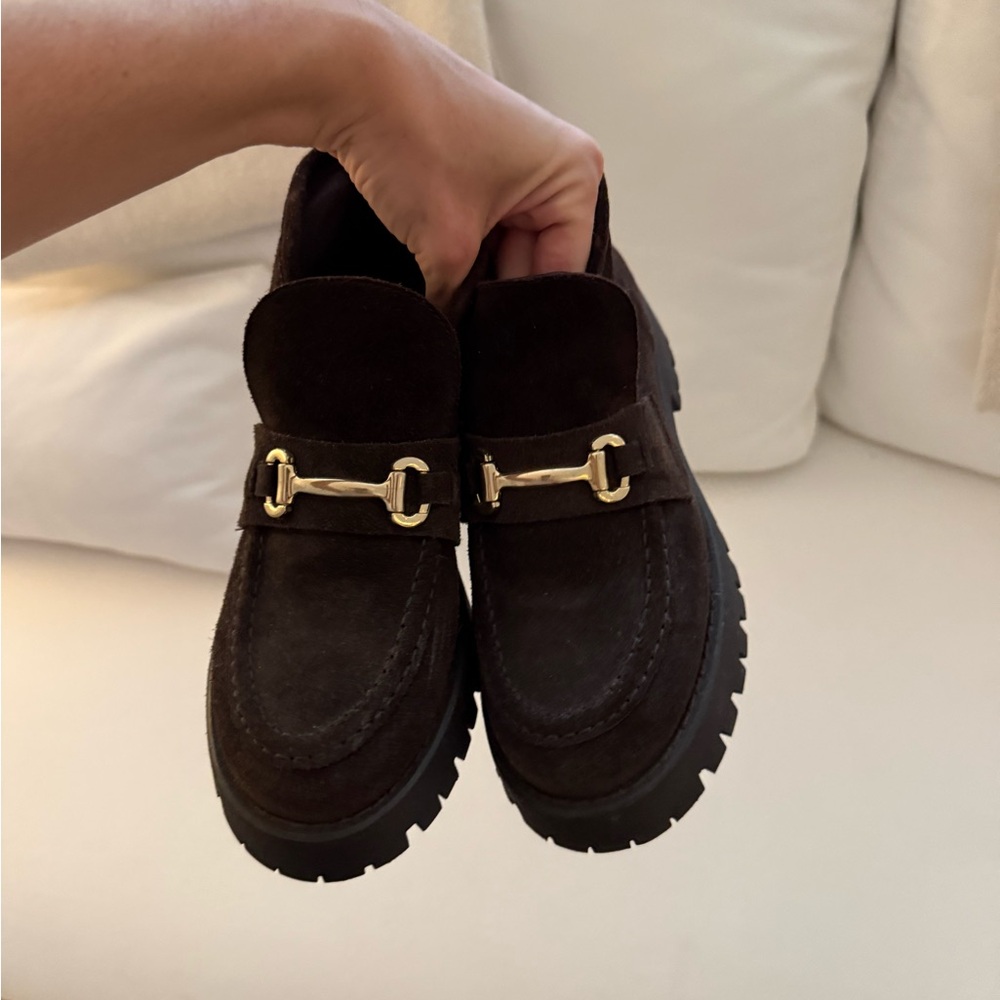 Steve Madden Brown Suede Loafers with Gold Accent